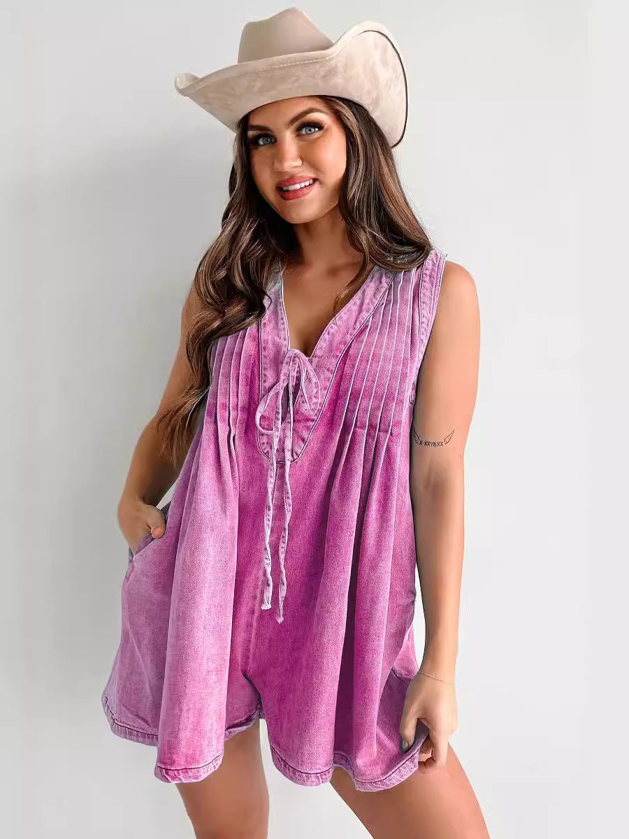 Sleeveless Denim V-Neck Romper