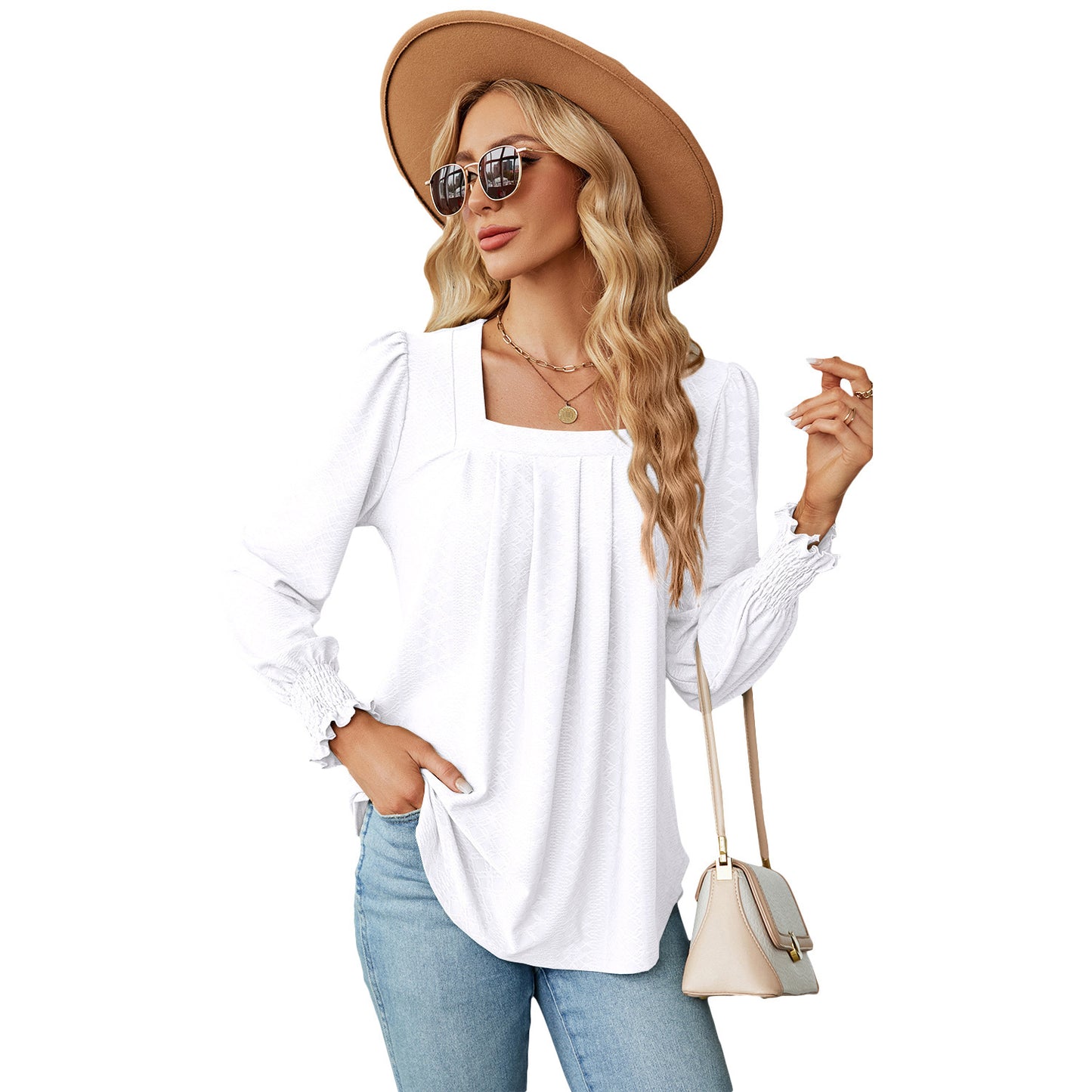 Jacquard geplooide top met vierkante hals