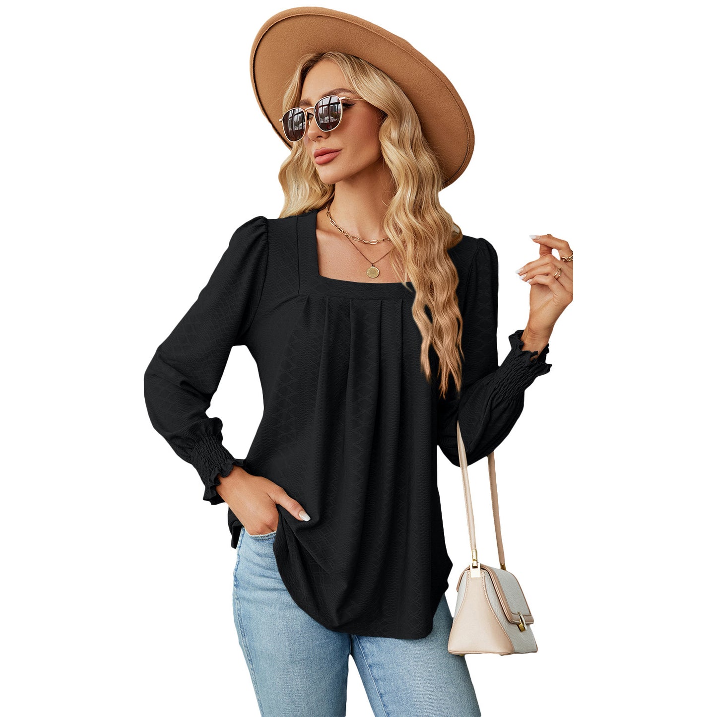 Jacquard geplooide top met vierkante hals