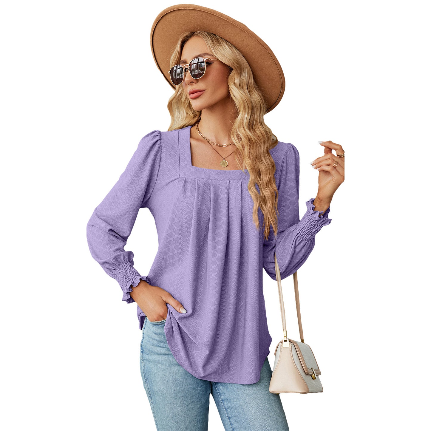 Jacquard geplooide top met vierkante hals