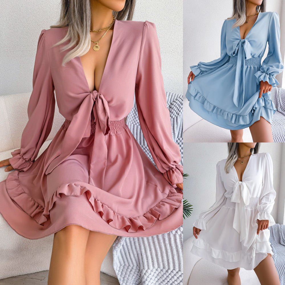Robe unie à lacets et col en V – Mode été femme
