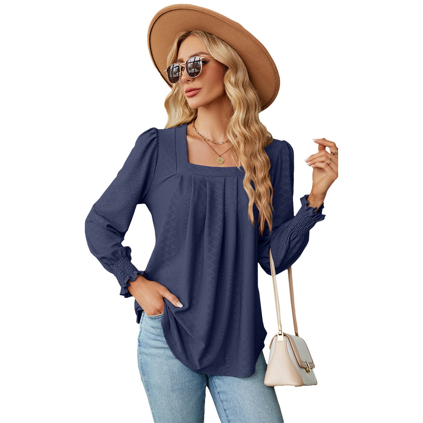 Jacquard geplooide top met vierkante hals