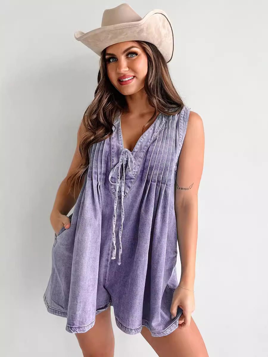 Sleeveless Denim V-Neck Romper