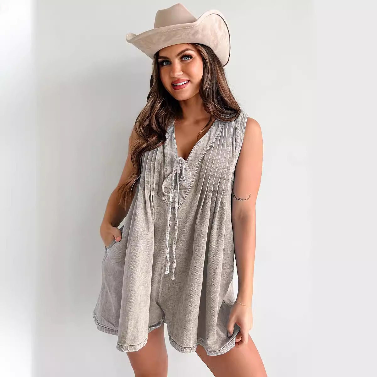 Sleeveless Denim V-Neck Romper