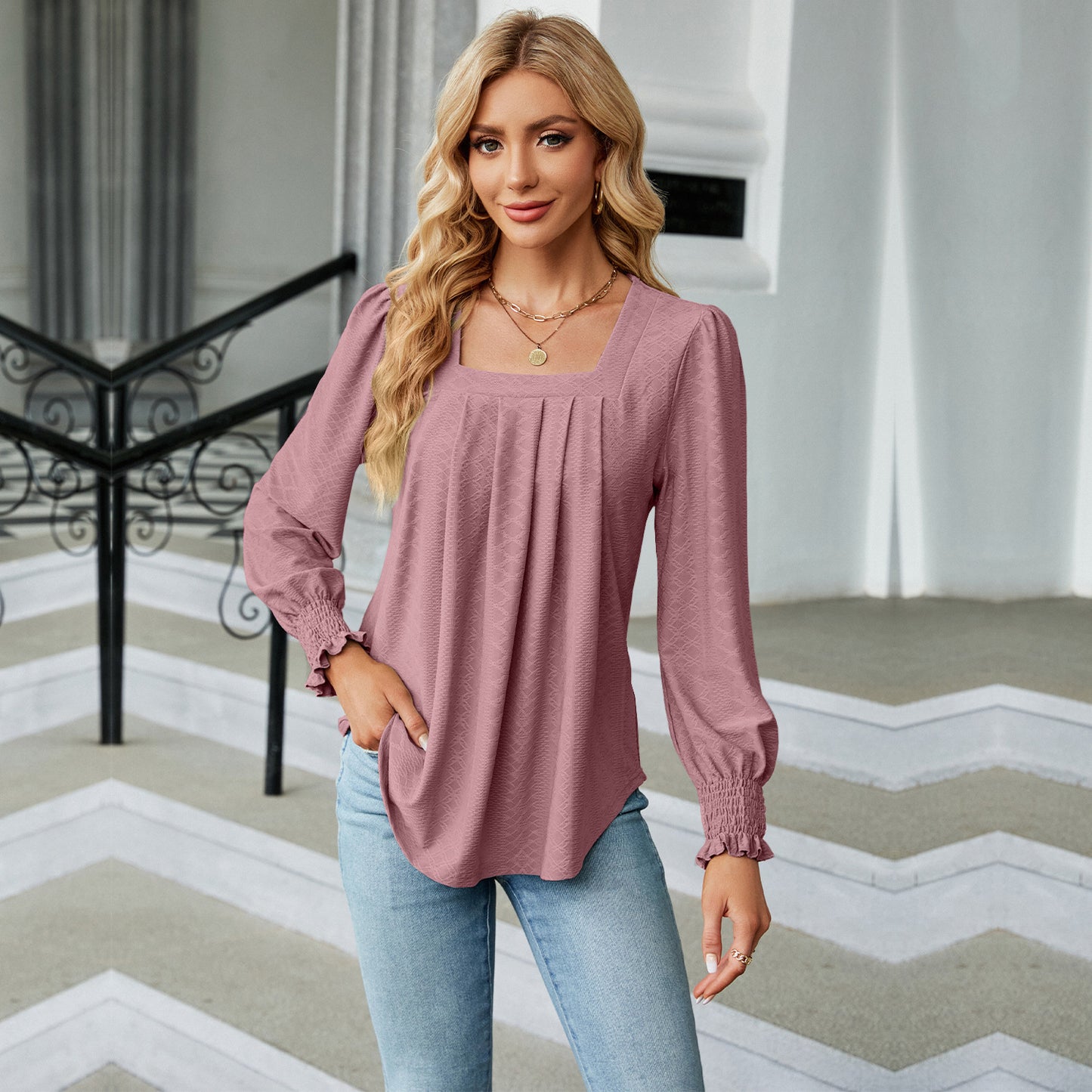 Jacquard geplooide top met vierkante hals