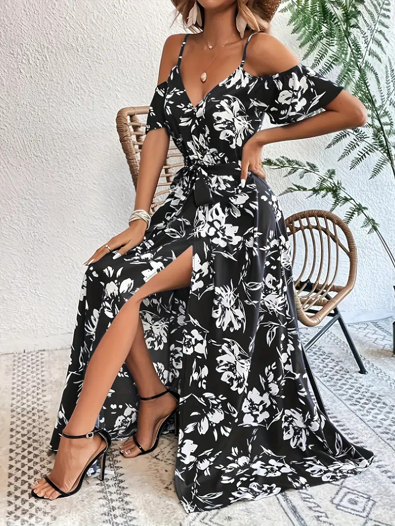 Floral Off-Shoulder Split Maxi Dress