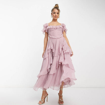 Robe midi élégante à manches bouffantes